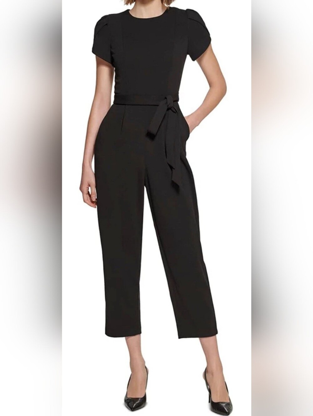 Calvin Klein Women’s Black Tie Waist Jumpsuit Size 2 Short Sleeve. - Picture 1 of 7